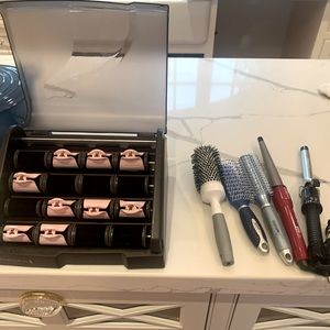 Remington heated rollers, two round brushes, hairbrush, two curling irons
